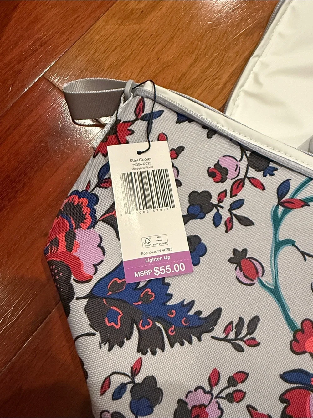 Vera Bradley Light Gray Floral lunch bag  Crossbody with Pink & Navy Accents